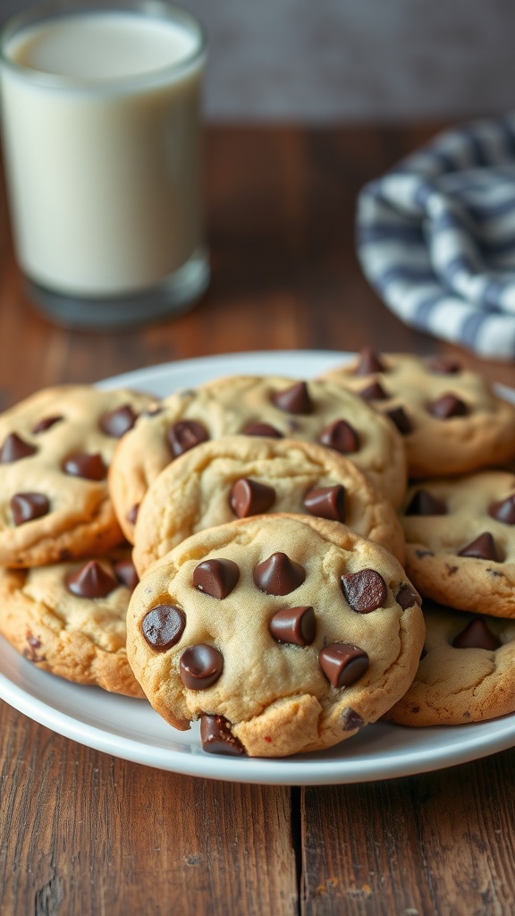 Freshly baked chocolate chip cookies on a plate with a glass of milk.